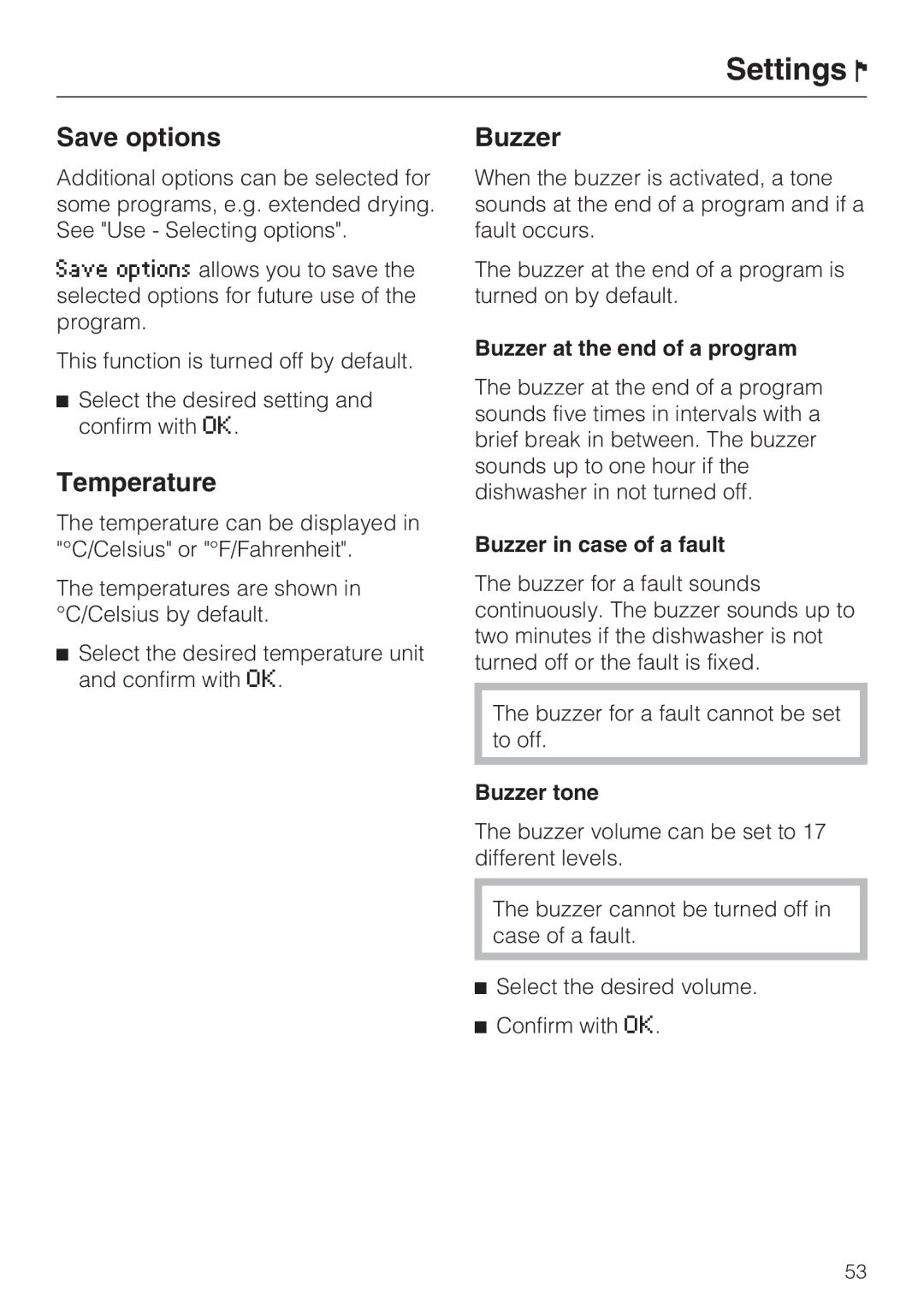 Miele G 5795, G 5970 manual Save options, Temperature, Buzzer 