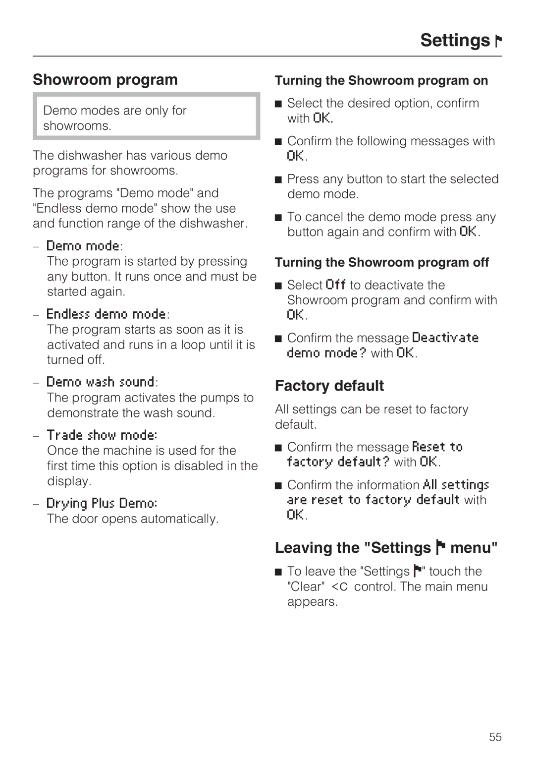 Miele G 5795, G 5970 manual Factory default, Leaving the Settings menu, Turning the Showroom program off 