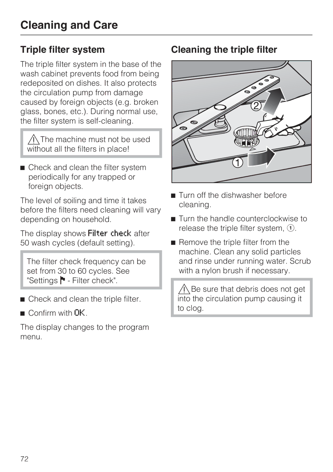 Miele G 5970, G 5795 manual Triple filter system Cleaning the triple filter 