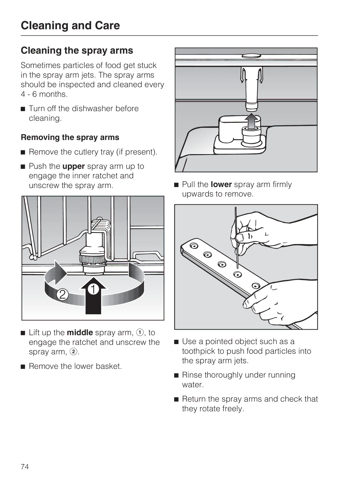 Miele G 5970, G 5795 manual Cleaning the spray arms, Removing the spray arms 