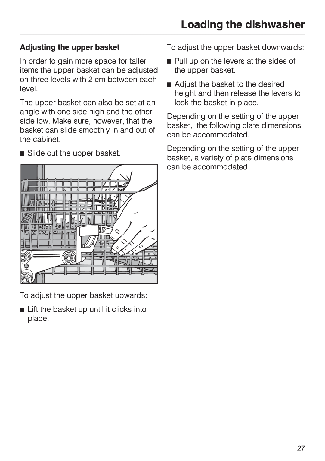 Miele G 5795, G 5970 manual Loading the dishwasher, Adjusting the upper basket 