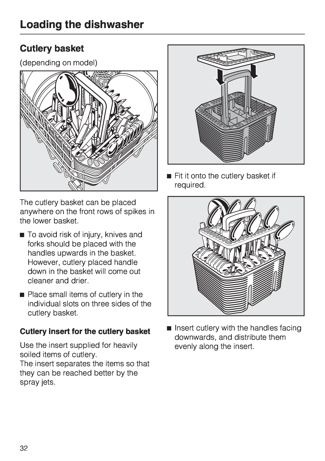 Miele G 5970, G 5795 manual Cutlery basket, Loading the dishwasher, Cutlery insert for the cutlery basket 