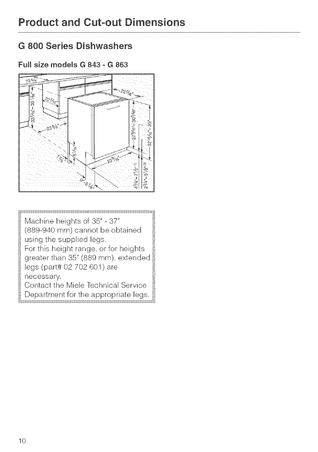 Miele G 663, G 643, G 843 installation instructions Product and Cut-out Dimensions 