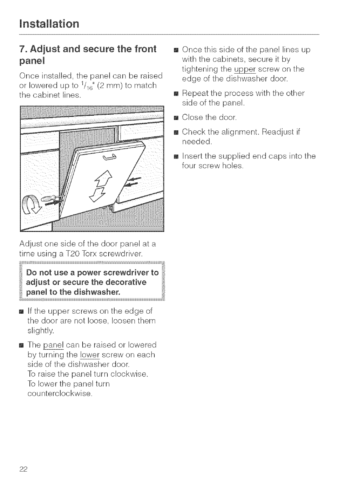 Miele G 663, G 643, G 843 installation instructions Adjust and secure the front panel 