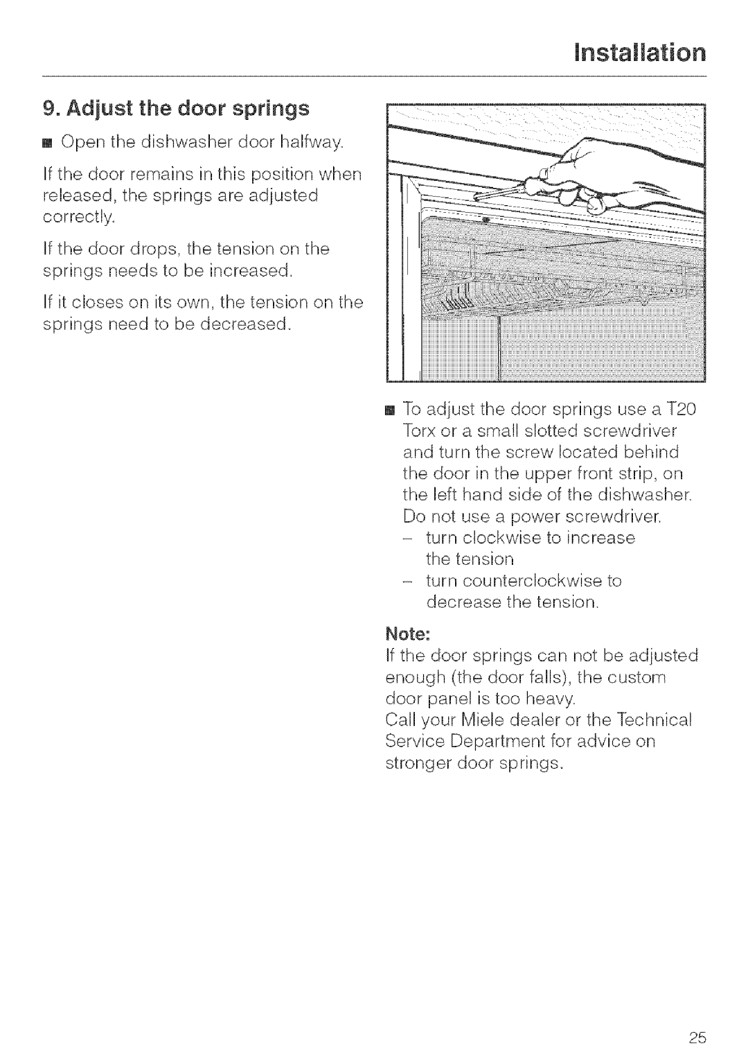 Miele G 663, G 643, G 843 installation instructions Adjust the door springs 