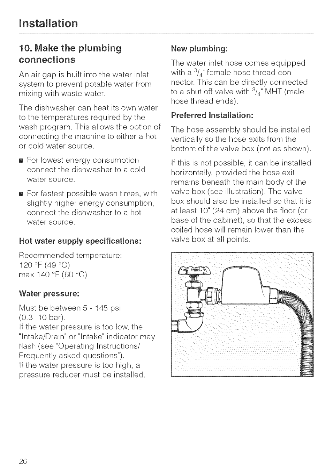 Miele G 843, G 643, G 663 installation instructions Make the pumbing connections 