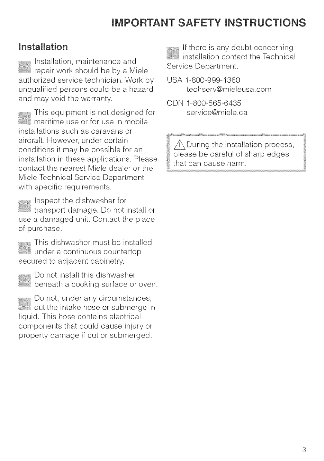 Miele G 643, G 663, G 843 installation instructions INSTRUCTiONS, Mnstallation 