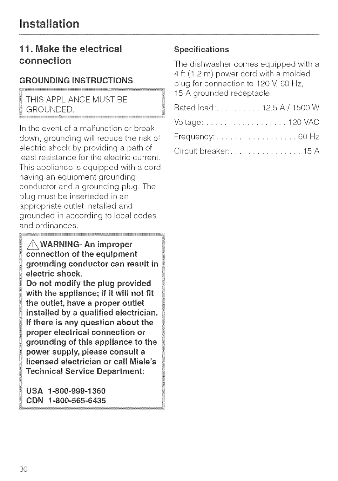 Miele G 643, G 663, G 843 installation instructions Make the eectrica connection 