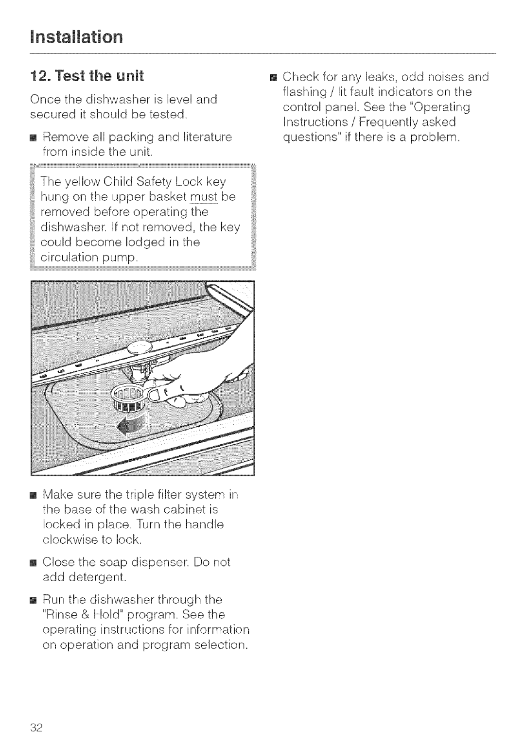 Miele G 843, G 643, G 663 installation instructions JnstaJJation, Test the unit 