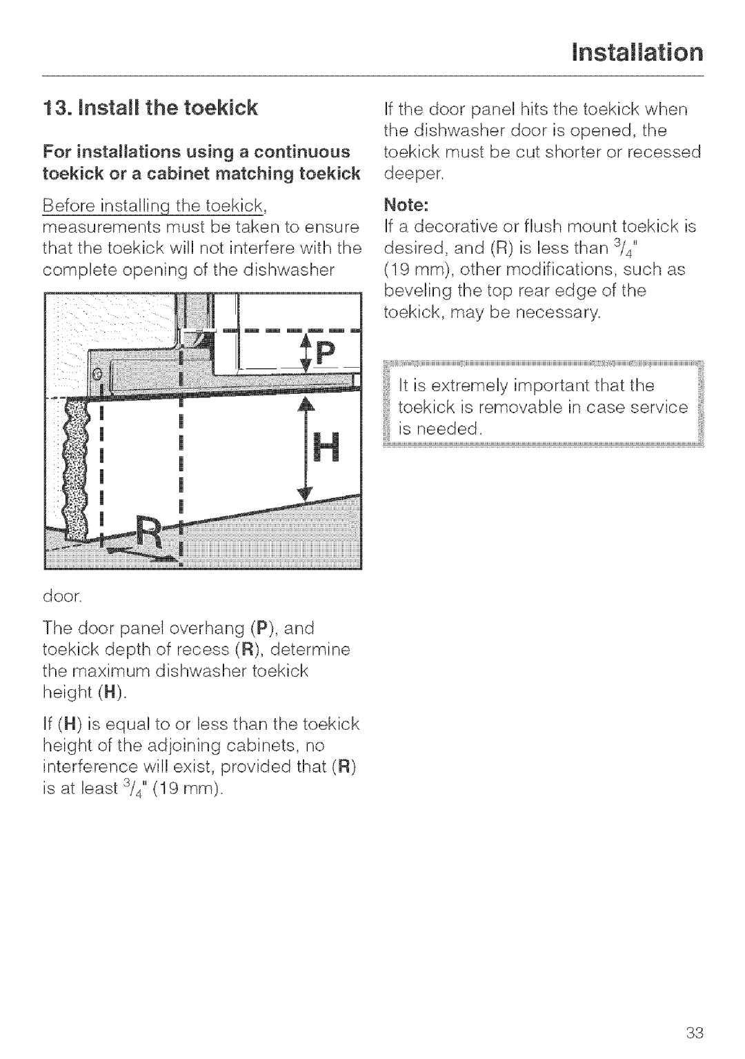 Miele G 643, G 663, G 843 installation instructions Install the toekick 