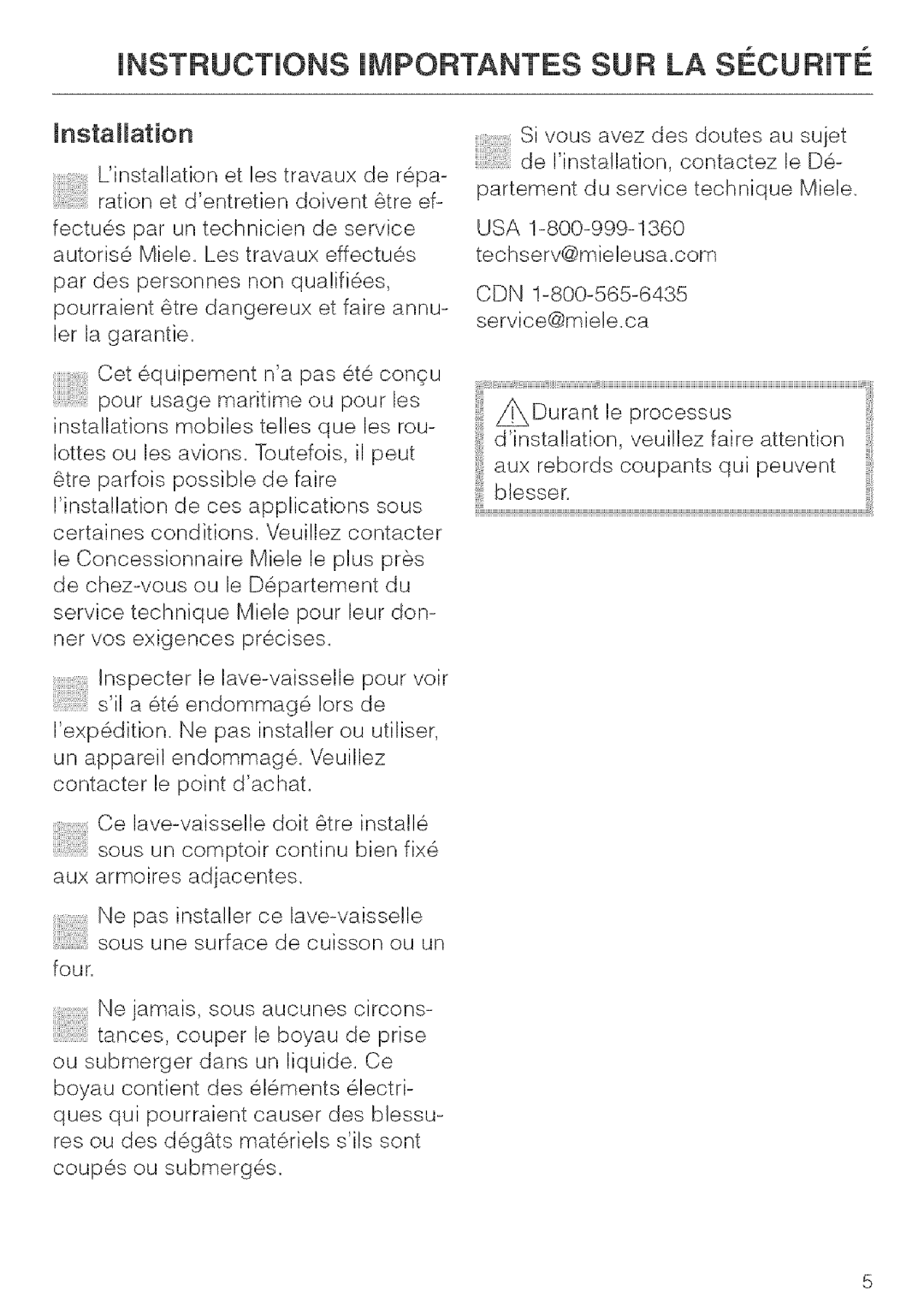 Miele G 843, G 643, G 663 installation instructions INSTRUCTiONS Jmportantes SUR LA Securjte, Installation 