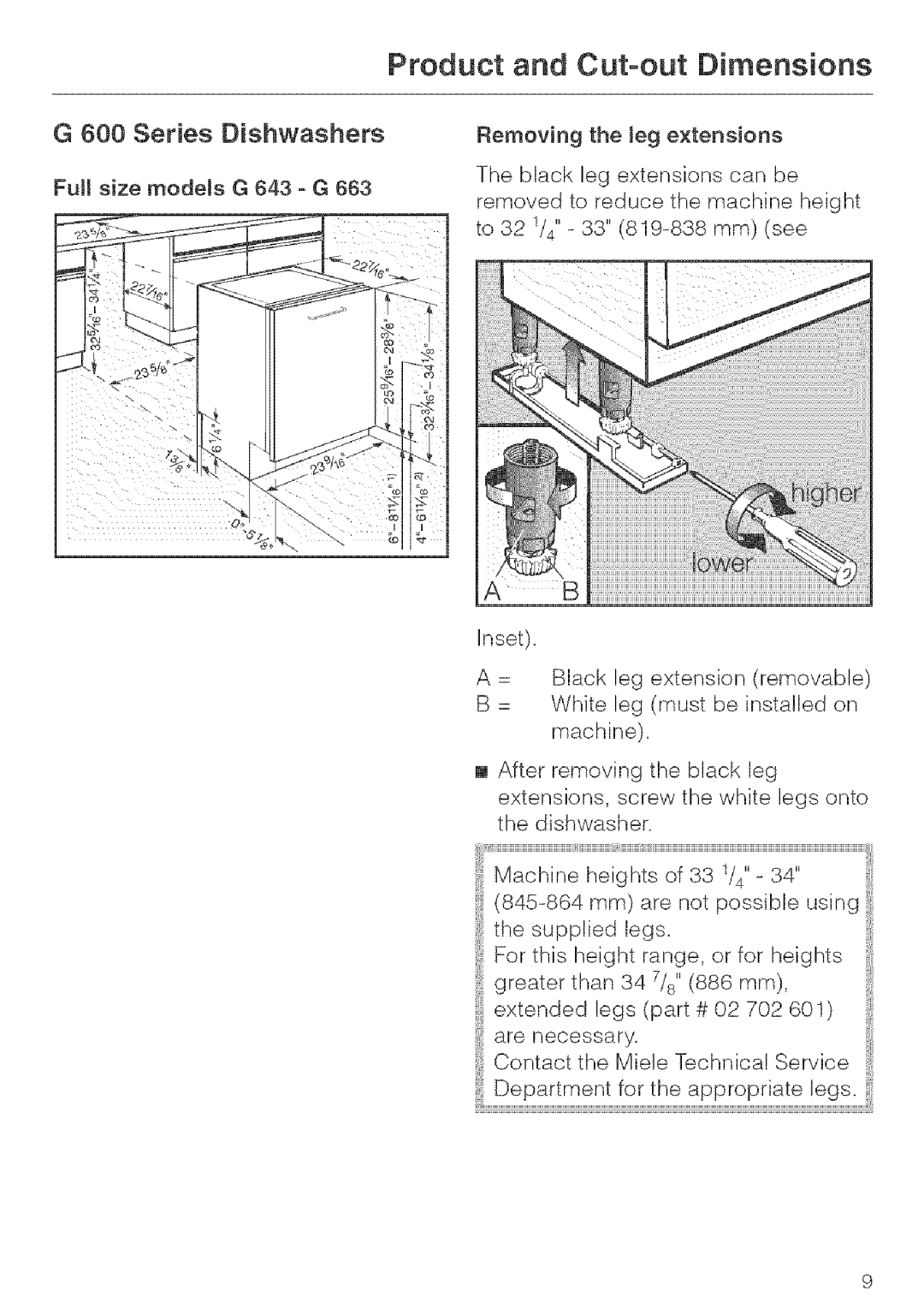 Miele G 643, G 663, G 843 installation instructions Product and Cut-out Dimensions, Series Dishwashers 