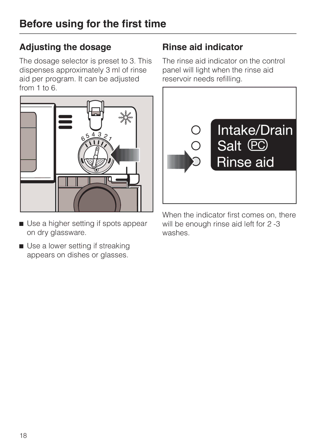 Miele G 663 Plus, G 863 Plus, 05-724-281 operating instructions Adjusting the dosage, Rinse aid indicator 