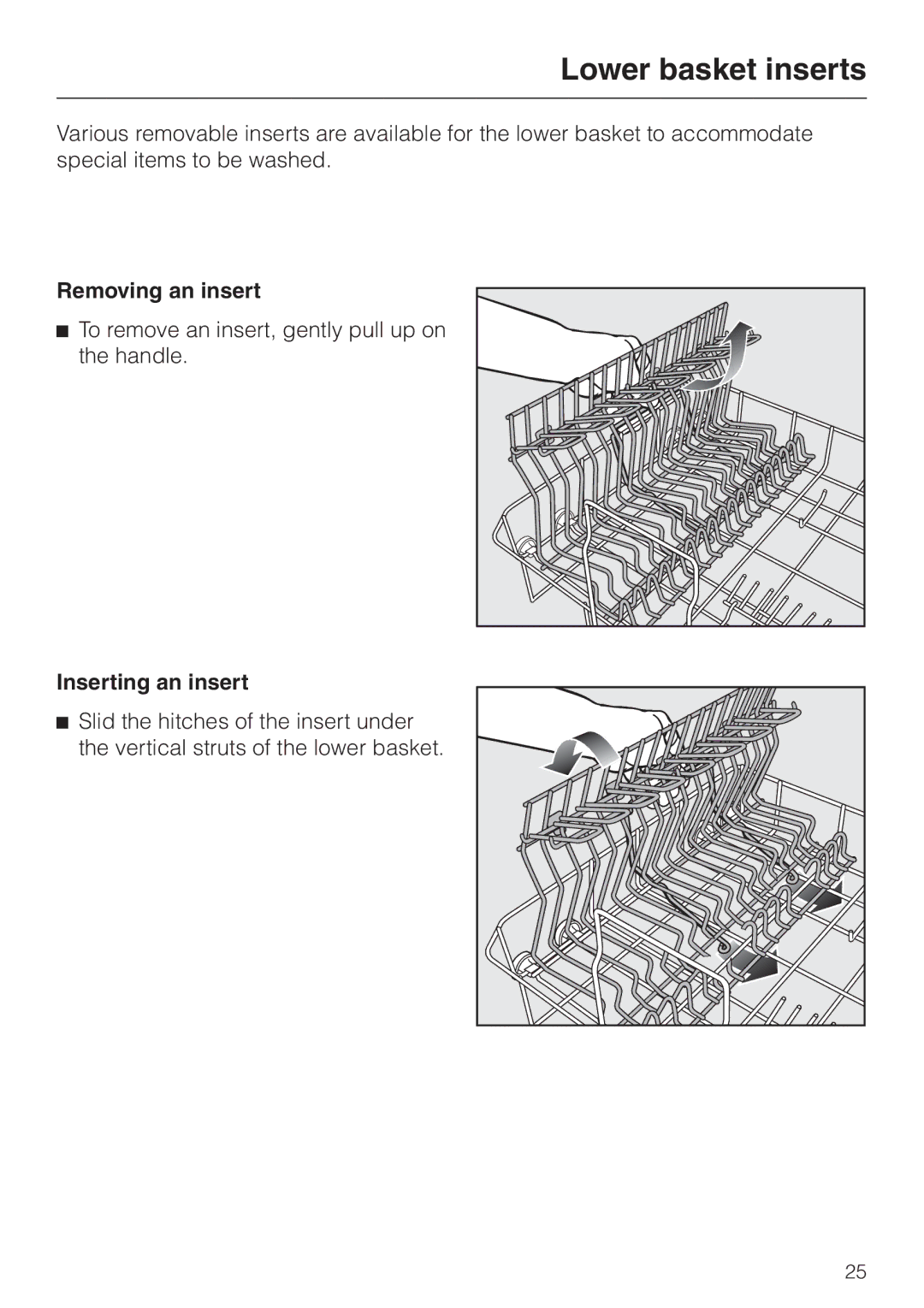 Miele 05-724-281, G 663 Plus, G 863 Plus Lower basket inserts, Removing an insert, Inserting an insert 