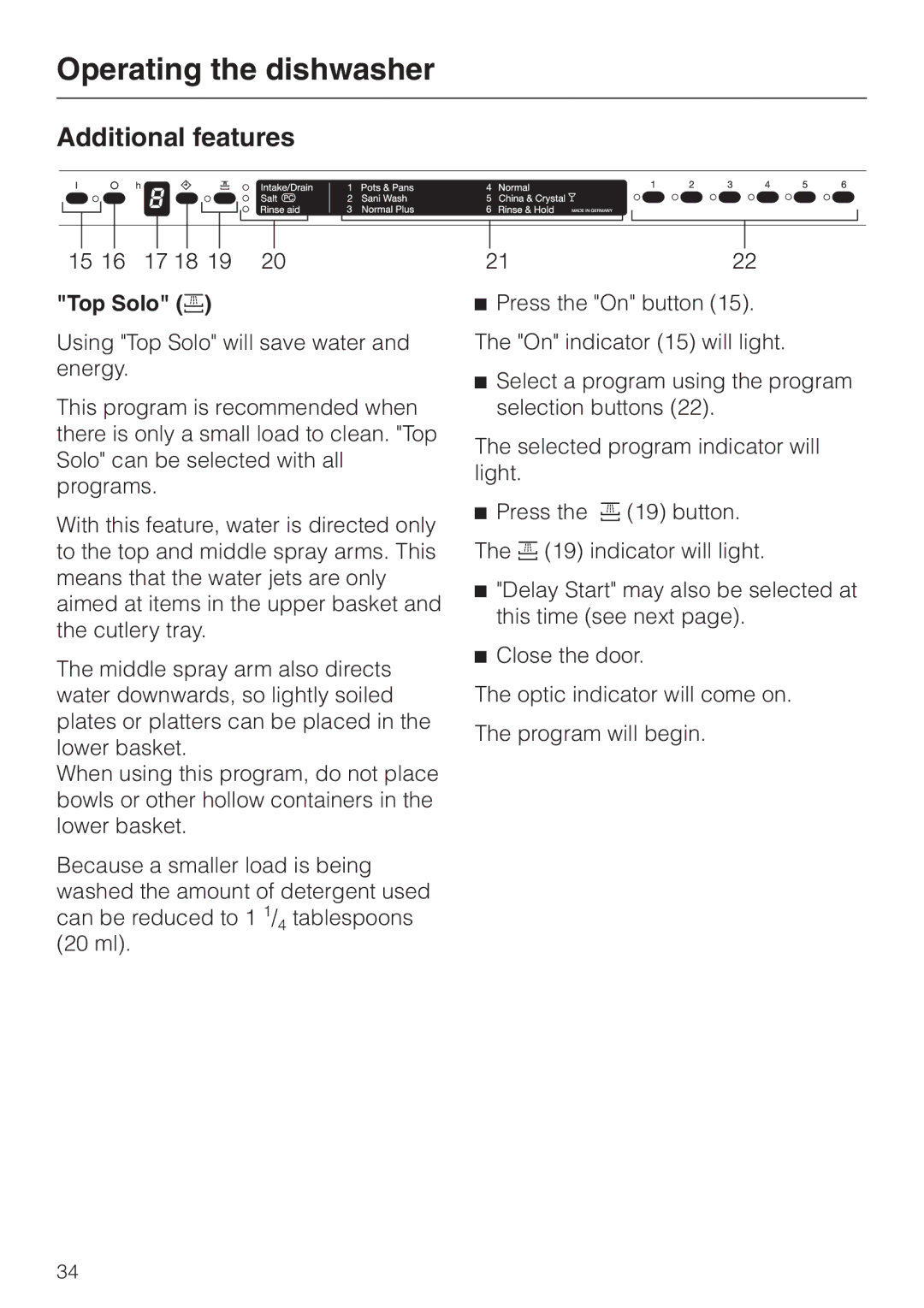 Miele G 663 Plus, G 863 Plus, 05-724-281 operating instructions Additional features, Top Solo 