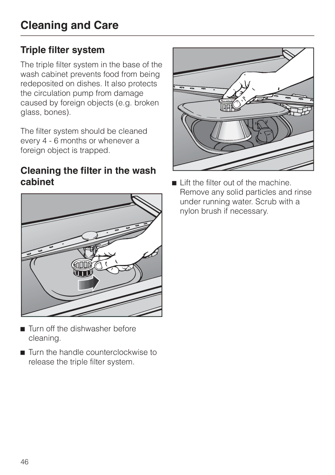 Miele G 663 Plus, G 863 Plus, 05-724-281 Cleaning and Care, Triple filter system, Cleaning the filter in the wash cabinet 