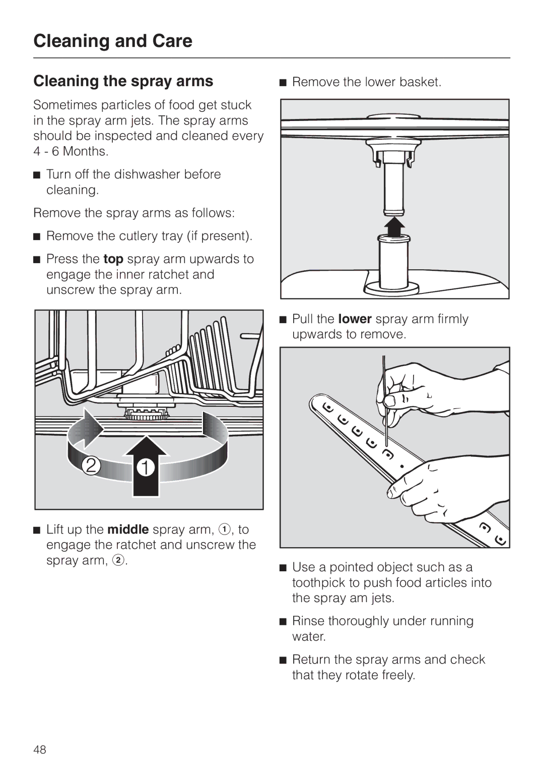 Miele G 663 Plus, G 863 Plus, 05-724-281 operating instructions Cleaning the spray arms, Remove the lower basket 