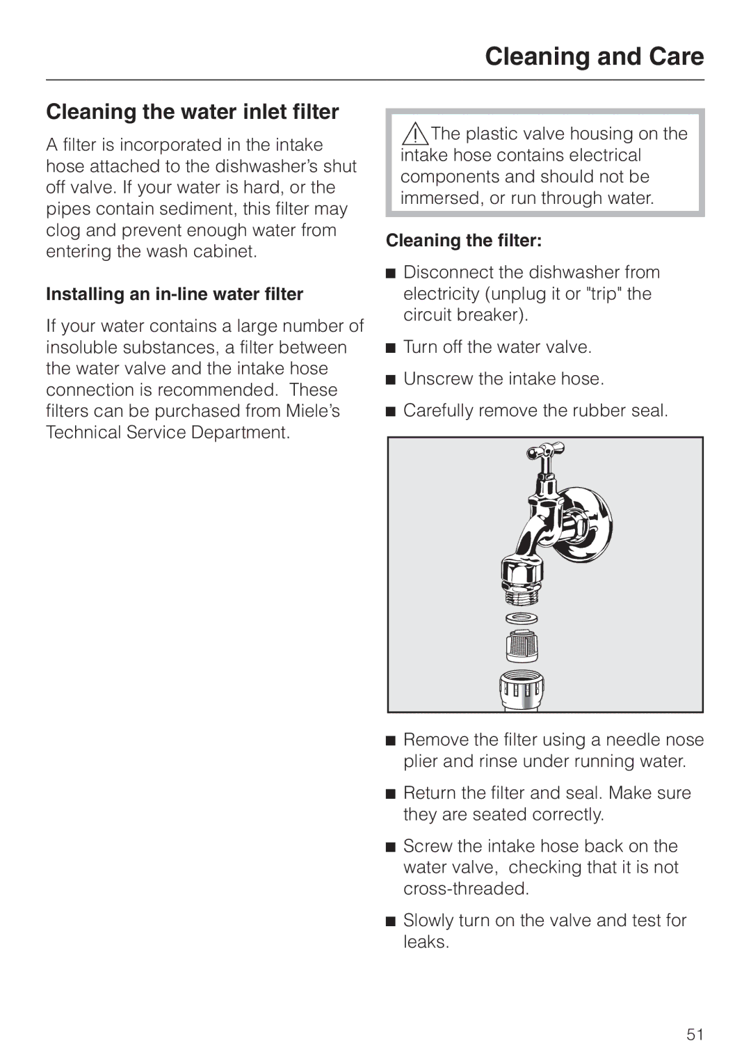 Miele 05-724-281 Cleaning the water inlet filter, Installing an in-line water filter, Cleaning the filter 