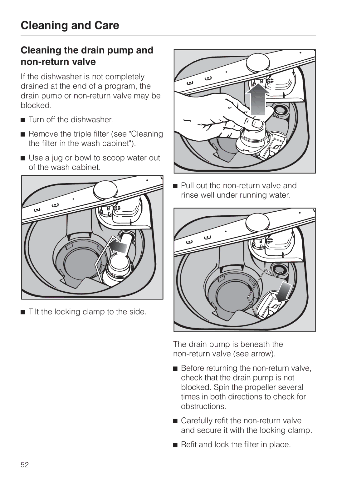 Miele G 663 Plus, G 863 Plus, 05-724-281 operating instructions Cleaning the drain pump and non-return valve 