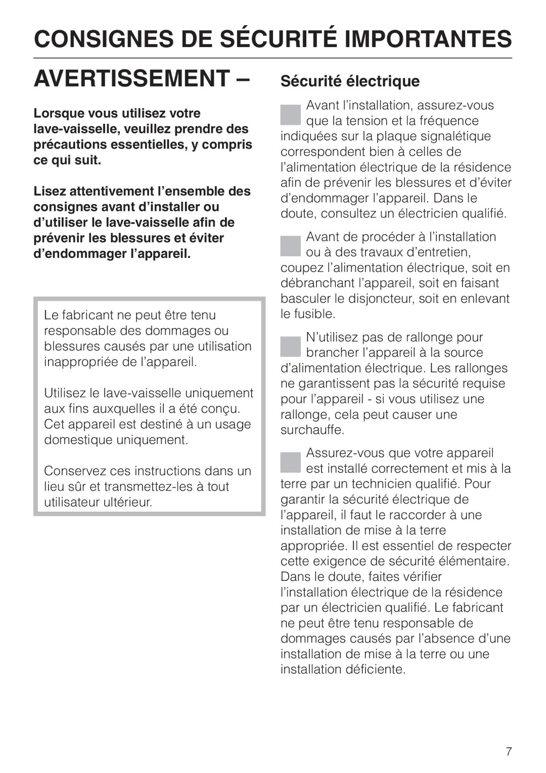 Miele 05-724-281, G 663 Plus, G 863 Plus Consignes DE Sécurité Importantes Avertissement, Sécurité électrique 