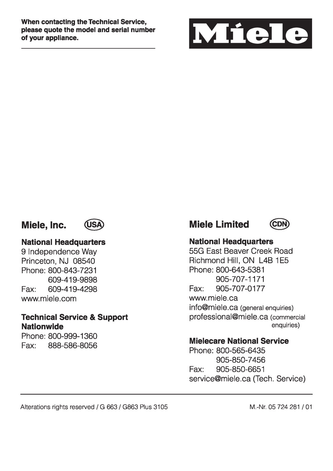 Miele G 663 Plus, G 863 Plus, 05-724-281 Alterations rights reserved / G 663 / G863 Plus, M.-Nr.05 724 