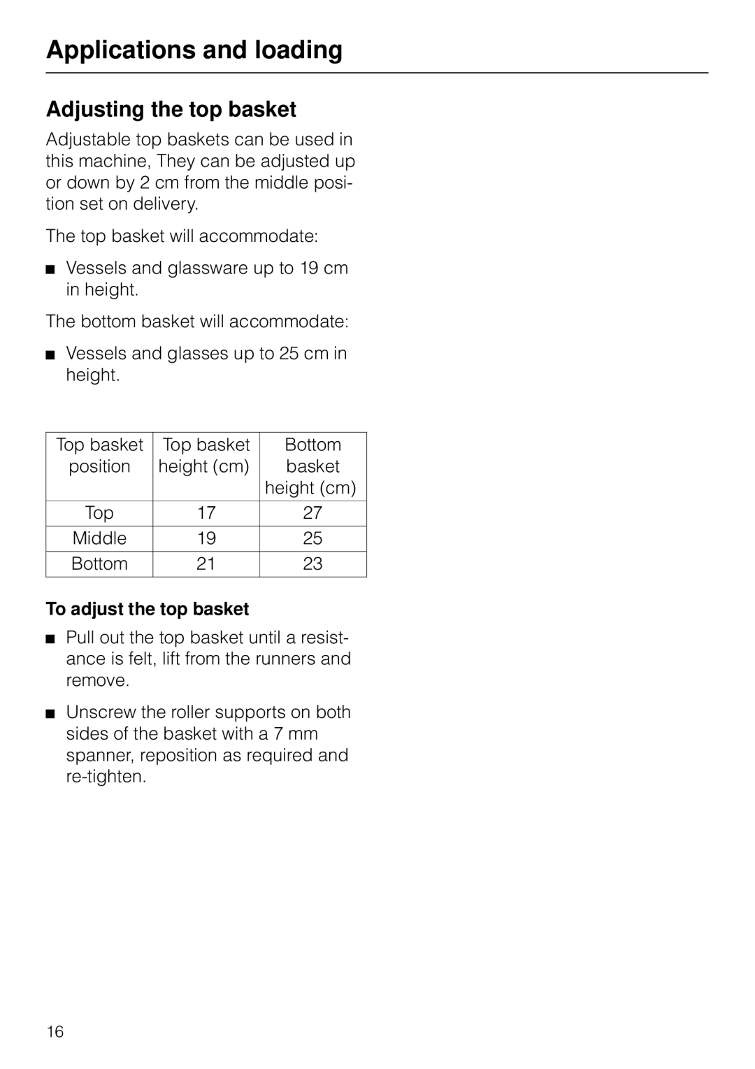 Miele G 7783 CD operating instructions Adjusting the top basket, To adjust the top basket 