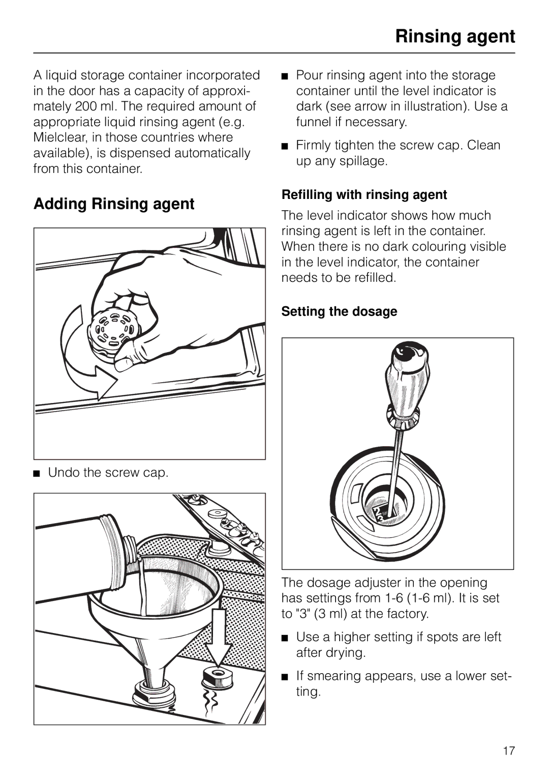 Miele G 7783 CD operating instructions Adding Rinsing agent, Refilling with rinsing agent, Setting the dosage 