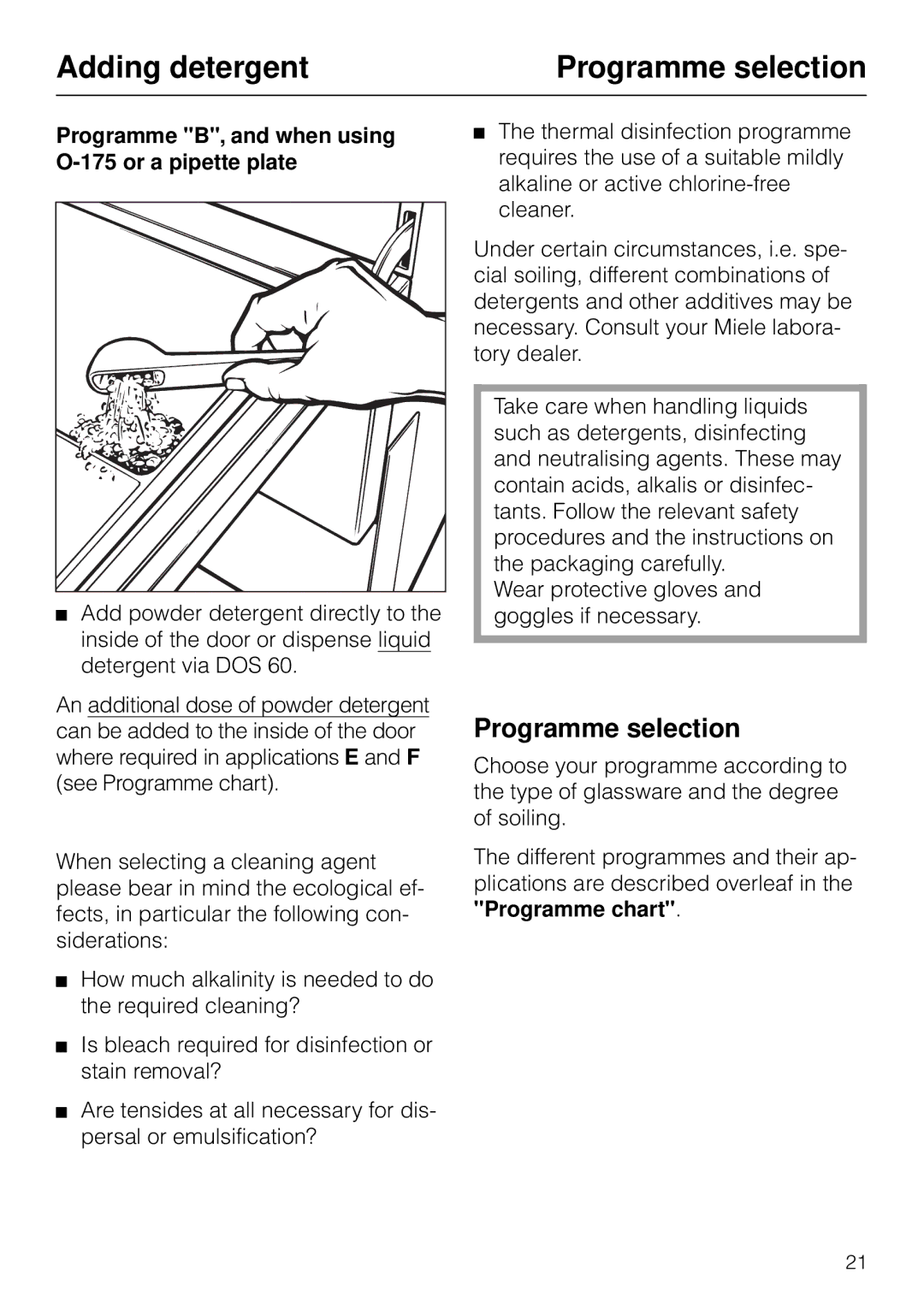 Miele G 7783 CD Adding detergent, Programme selection, Programme B, and when using O-175 or a pipette plate 