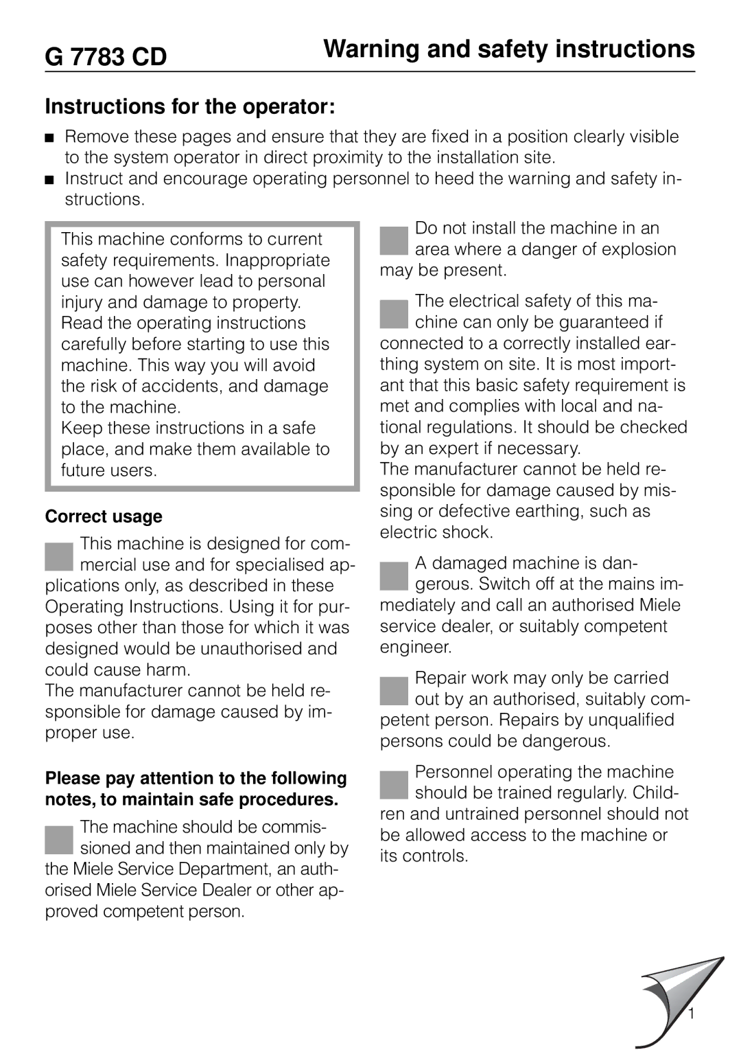 Miele G 7783 CD operating instructions Instructions for the operator 