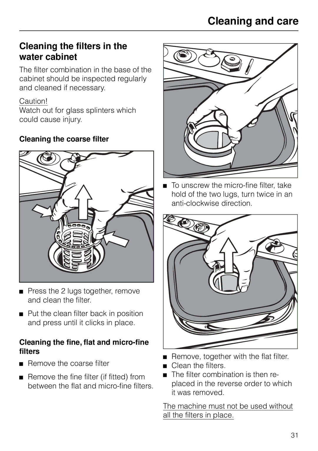 Miele G 7783 CD Cleaning and care, Cleaning the filters in the water cabinet, Cleaning the coarse filter 