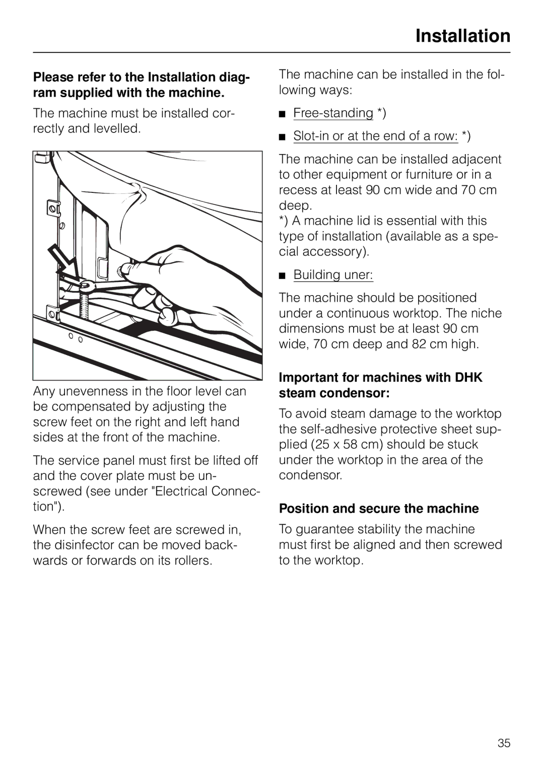 Miele G 7783 CD Installation, Important for machines with DHK steam condensor, Position and secure the machine 