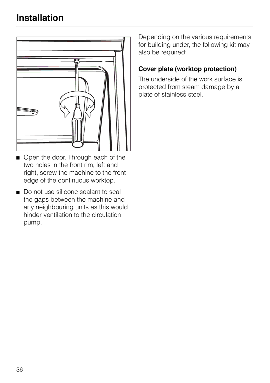 Miele G 7783 CD operating instructions Cover plate worktop protection 