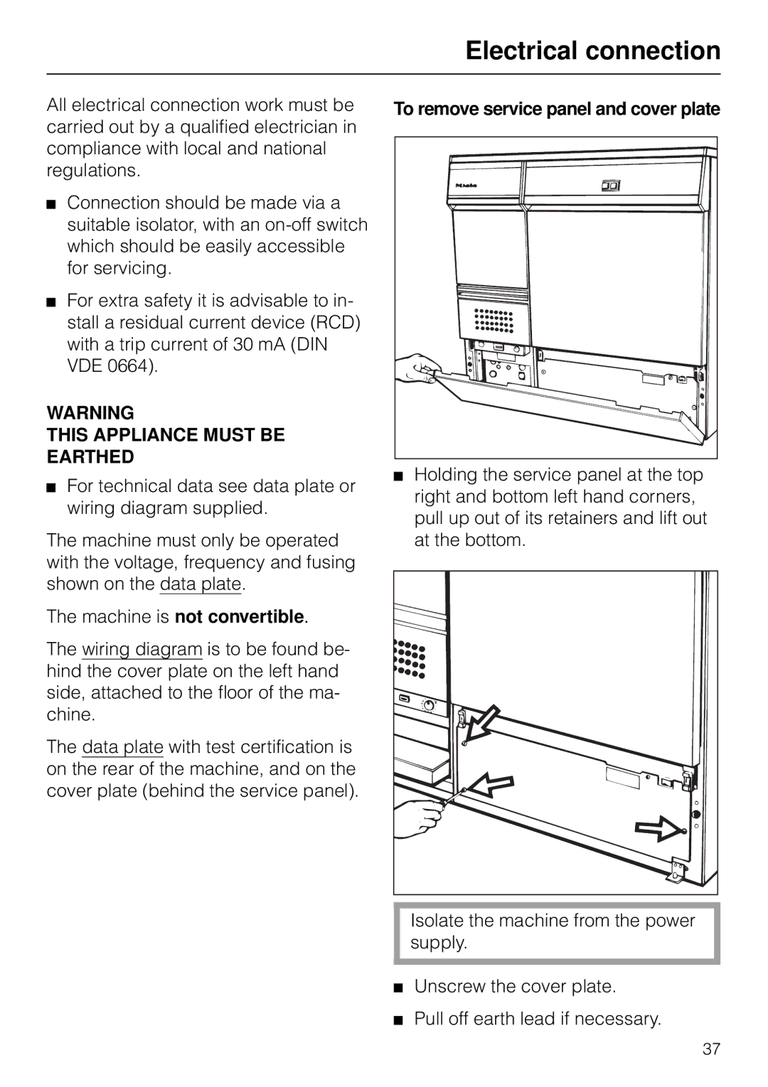 Miele G 7783 CD operating instructions Electrical connection, To remove service panel and cover plate 