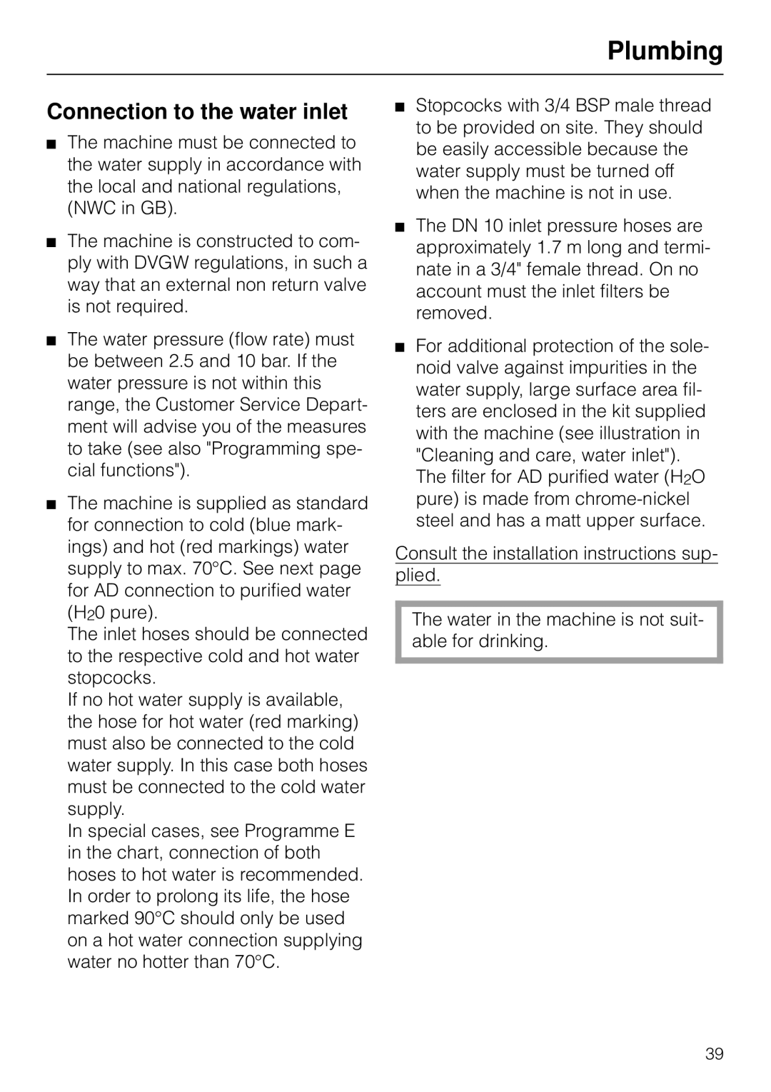 Miele G 7783 CD operating instructions Plumbing, Connection to the water inlet 