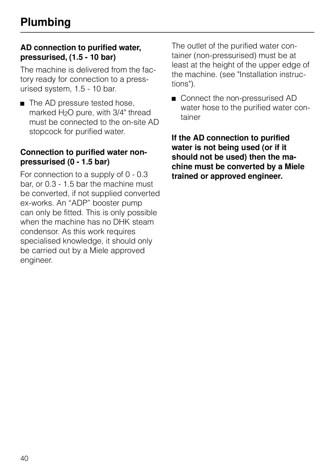 Miele G 7783 CD operating instructions AD connection to purified water, pressurised, 1.5 10 bar 