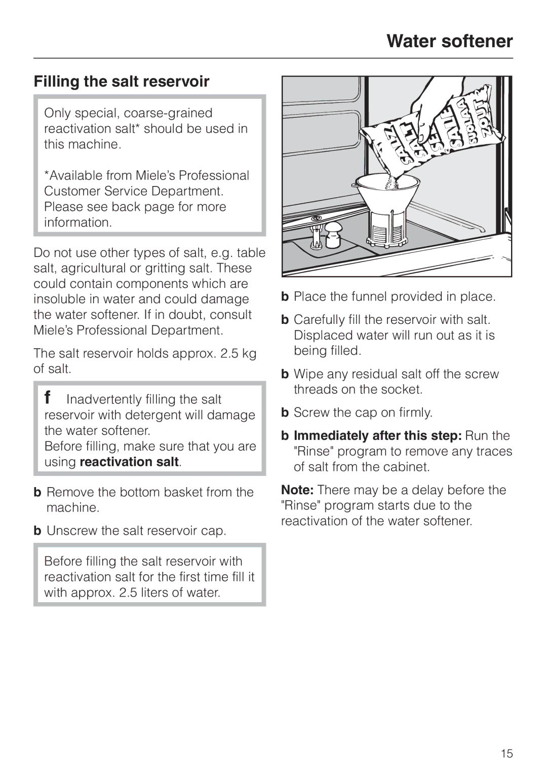 Miele G 7804 manual Filling the salt reservoir 