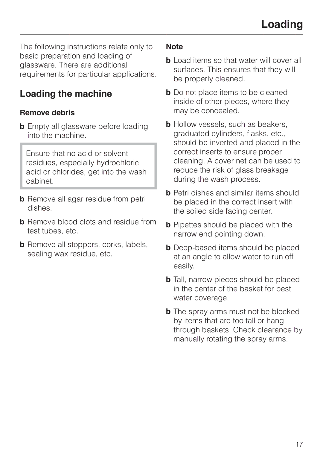 Miele G 7804 manual Loading the machine, Remove debris 