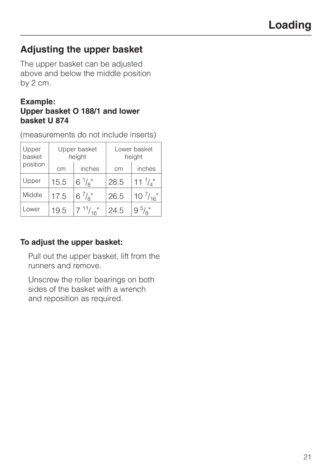 Miele G 7804 manual Adjusting the upper basket, Example Upper basket O 188/1 and lower basket U, To adjust the upper basket 