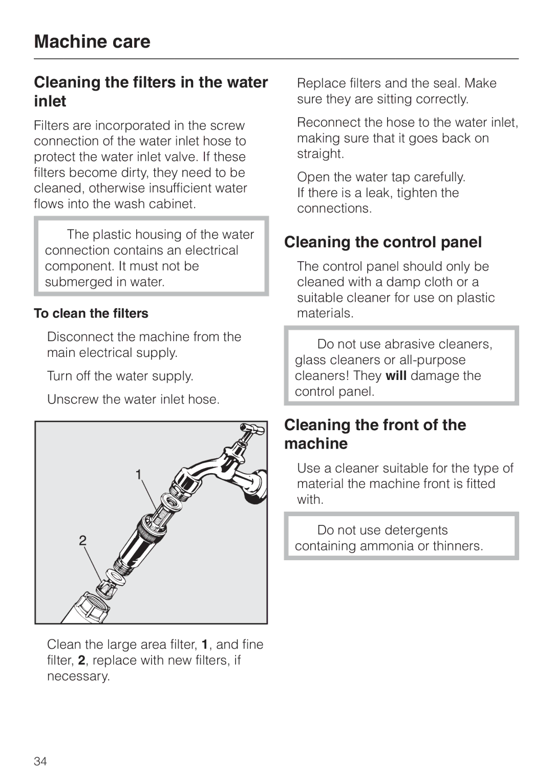 Miele G 7804 manual Cleaning the filters in the water inlet, Cleaning the control panel, Cleaning the front of the machine 