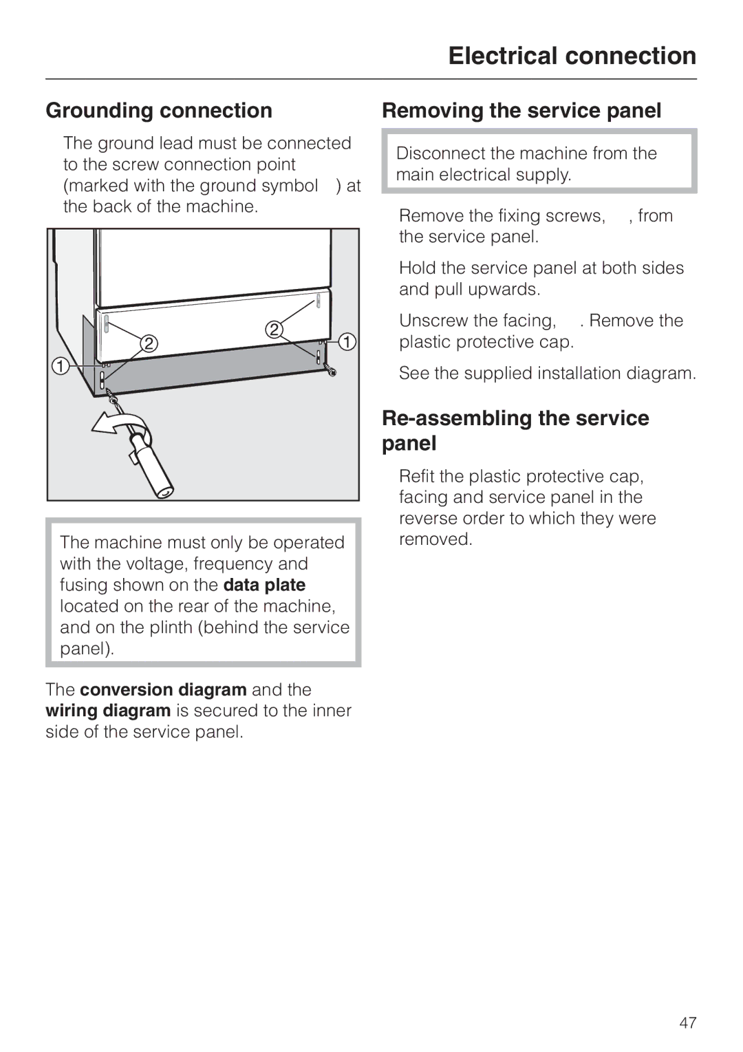 Miele G 7804 manual Grounding connection, Removing the service panel, Re-assembling the service panel 