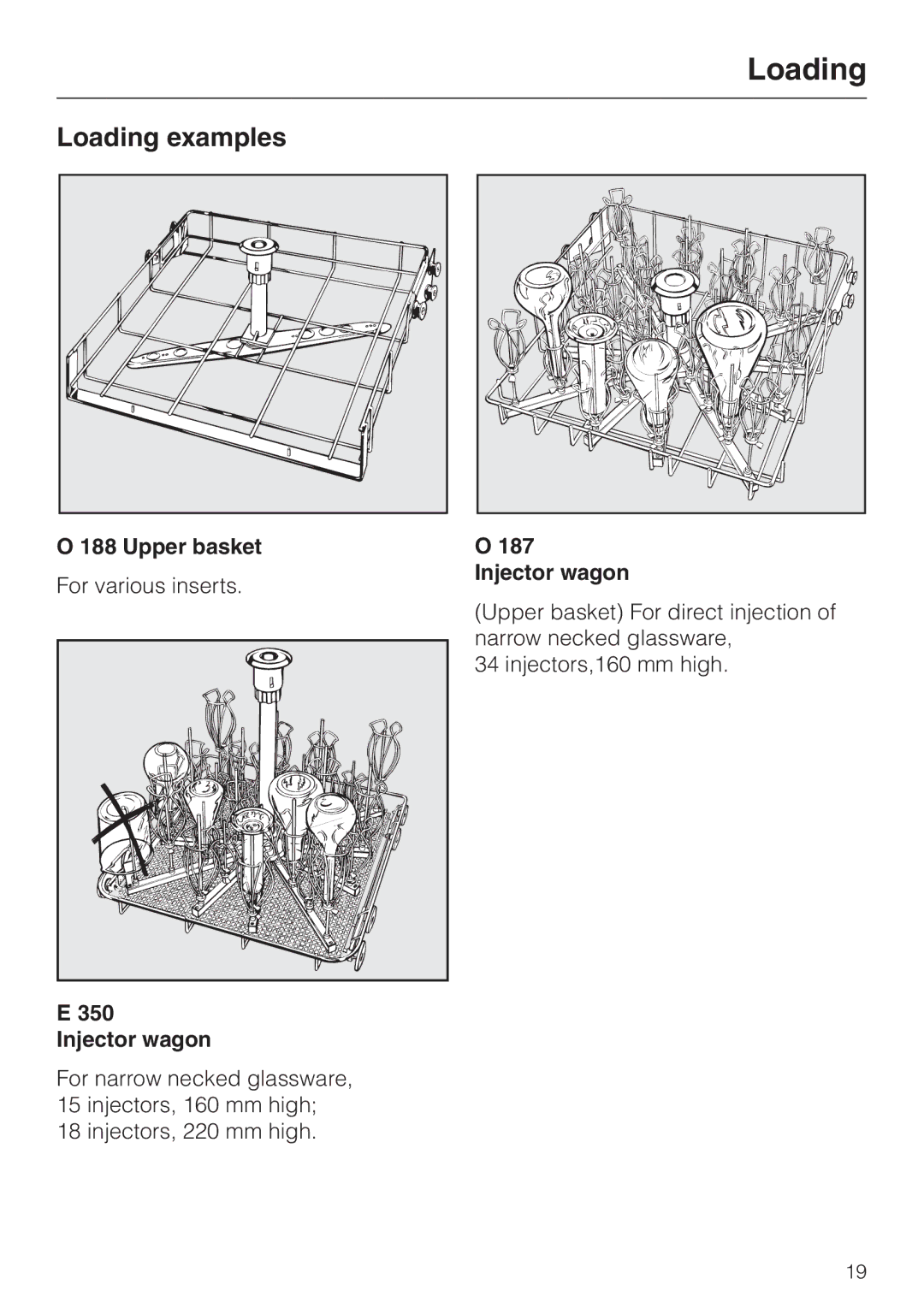 Miele G 7804 operating instructions Loading examples, Upper basket, Injector wagon 