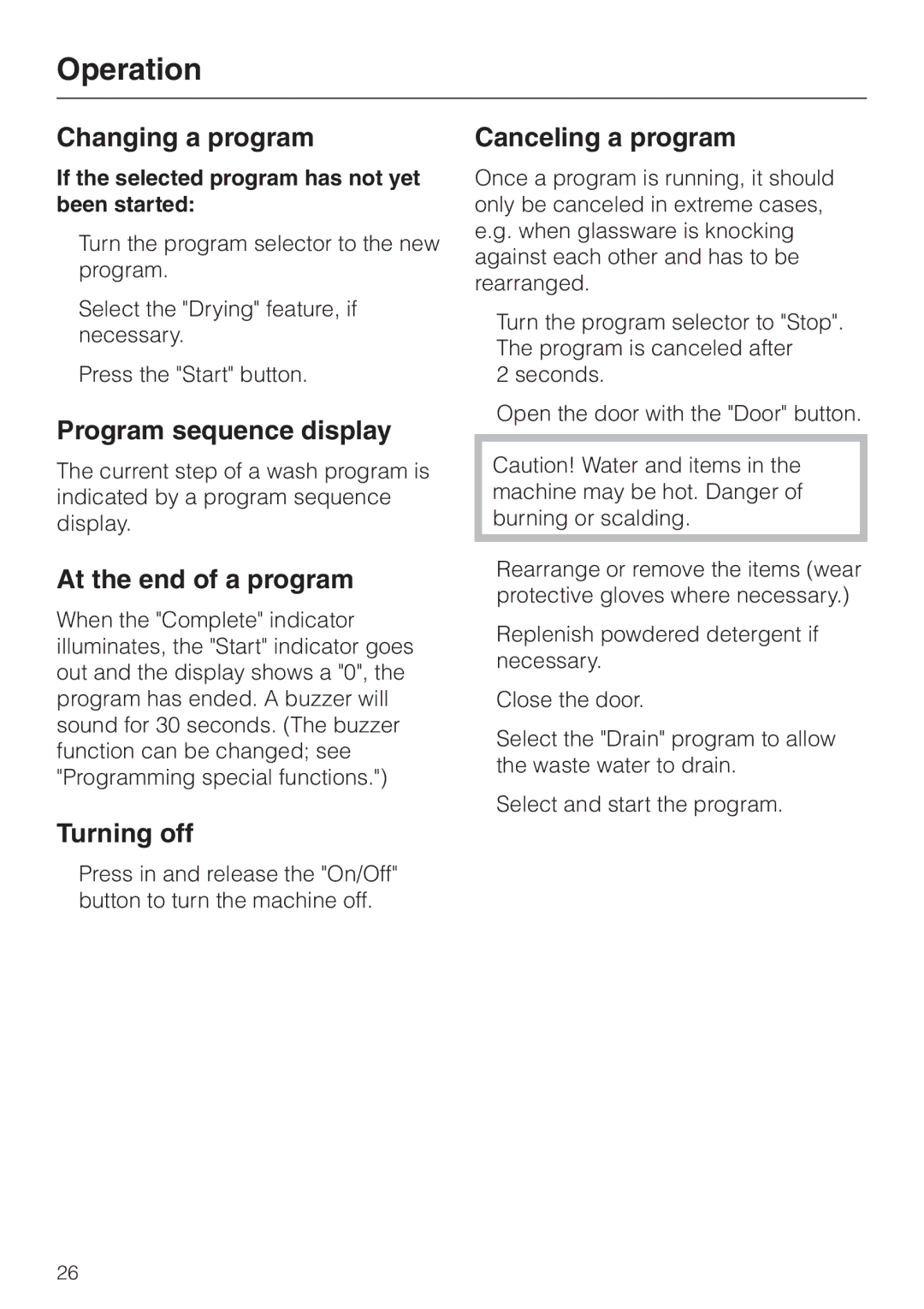 Miele G 7804 Changing a program, Program sequence display, At the end of a program, Turning off, Canceling a program 