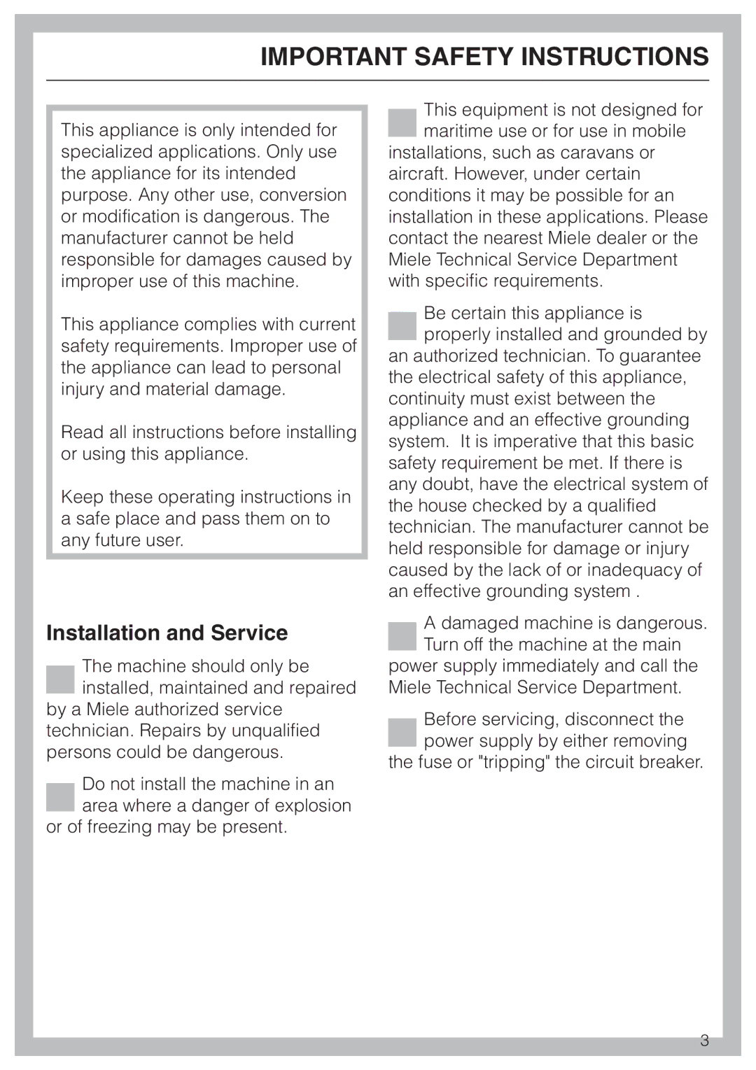 Miele G 7804 operating instructions Important Safety Instructions, Installation and Service 