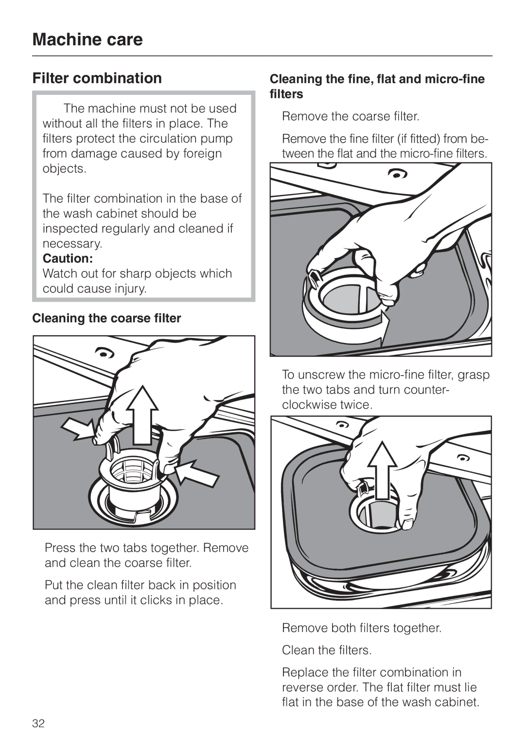 Miele G 7804 Machine care, Filter combination, Cleaning the coarse filter, Cleaning the fine, flat and micro-fine filters 