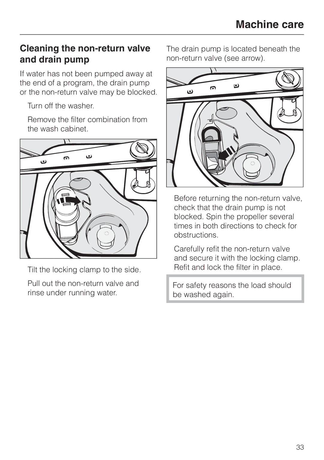 Miele G 7804 operating instructions Cleaning the non-return valve and drain pump 