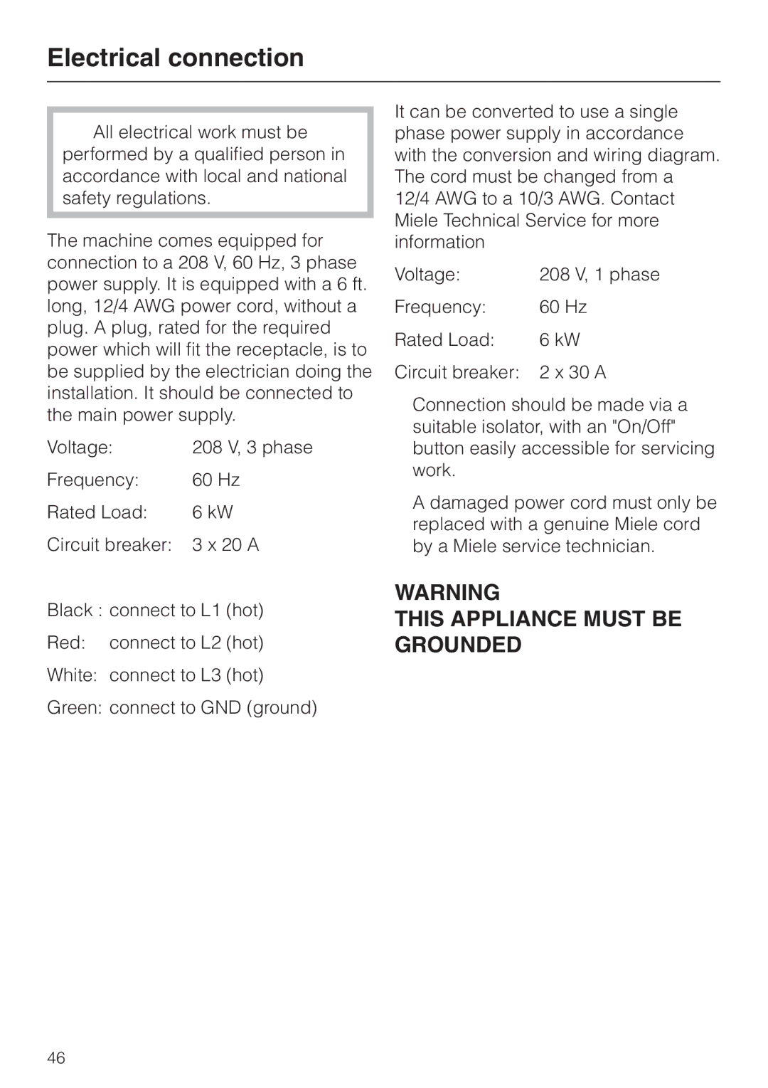 Miele G 7804 operating instructions Electrical connection 