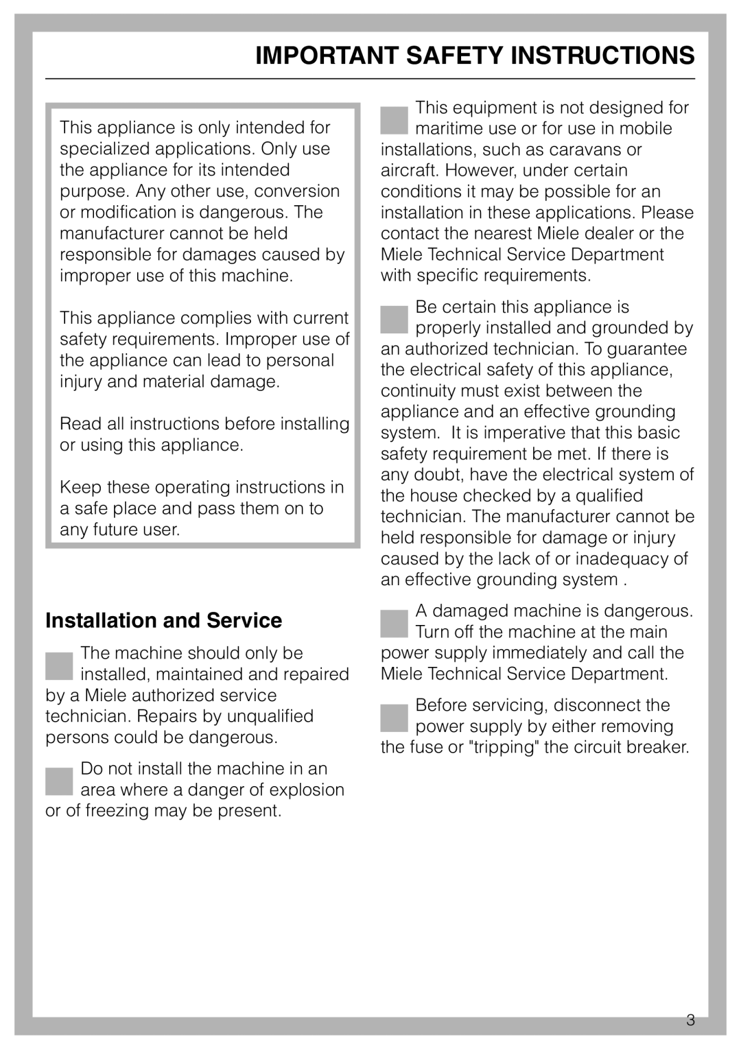 Miele G 7804 manual Important Safety Instructions, Installation and Service 