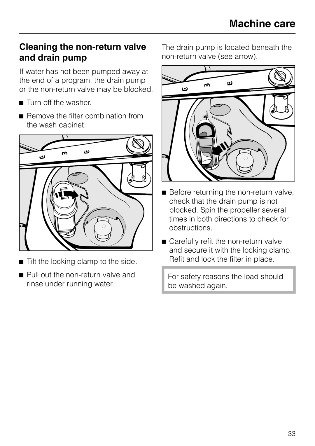 Miele G 7804 manual Cleaning the non-returnvalve and drain pump, Machine care 