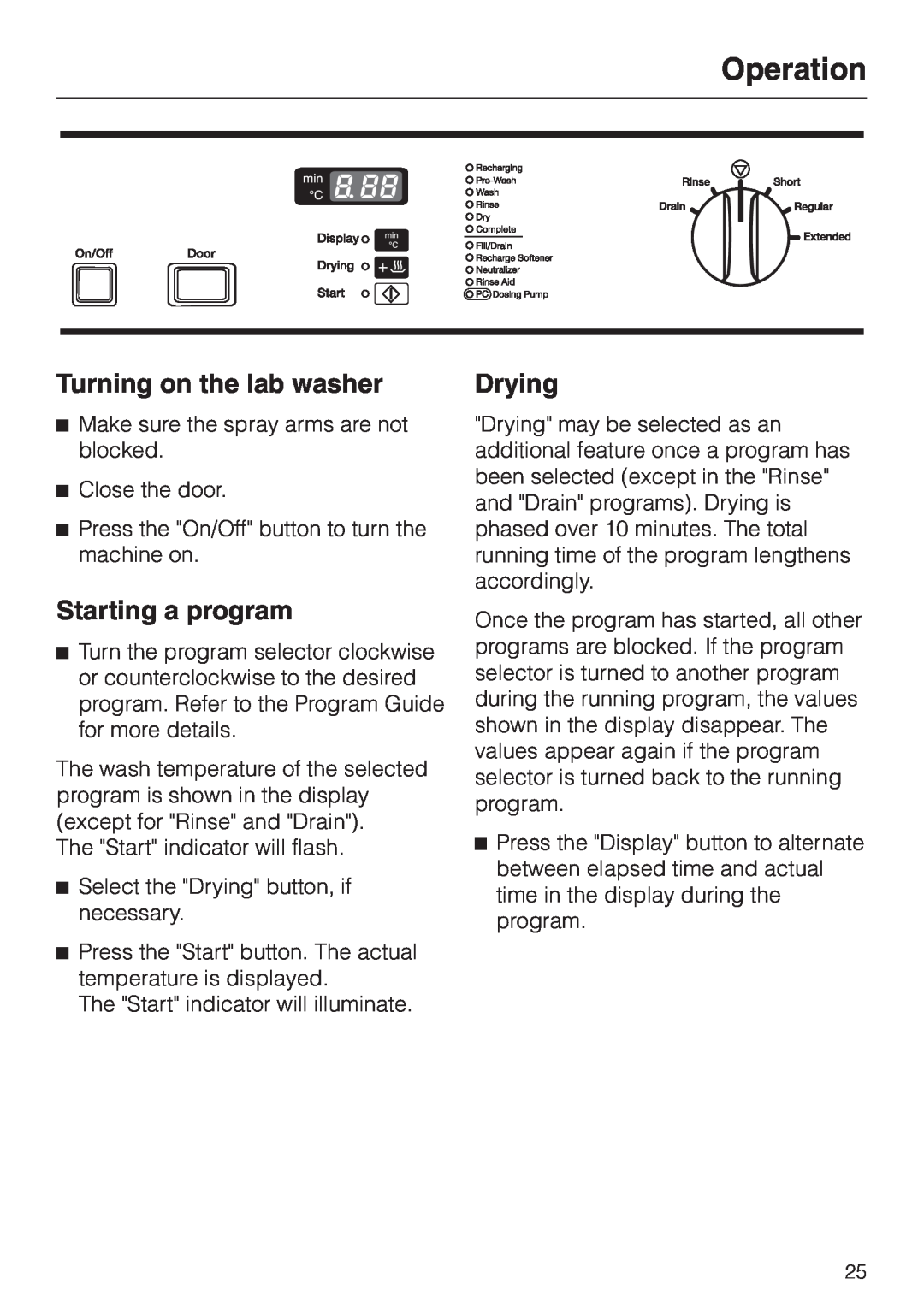 Miele G 7804 operating instructions Operation, Turning on the lab washer, Starting a program, Drying 