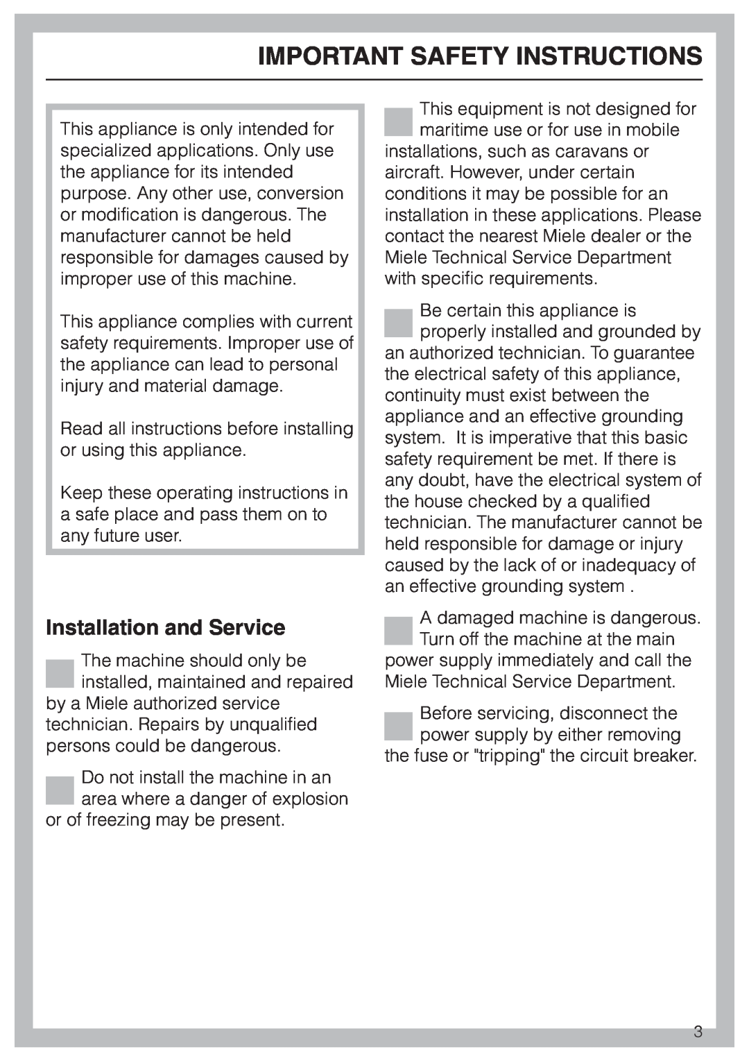 Miele G 7804 operating instructions Important Safety Instructions, Installation and Service 